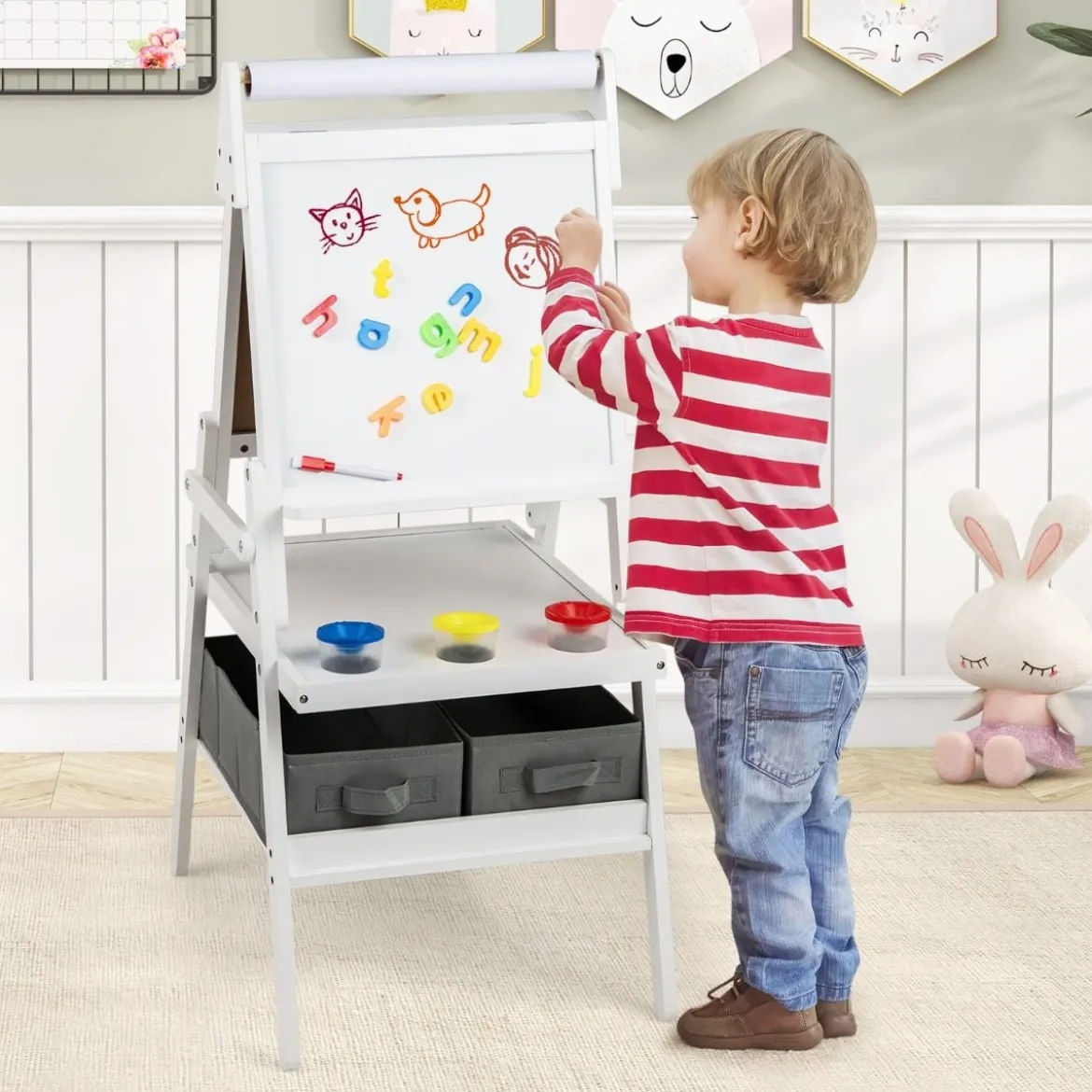 3 in 1 Kinder Tafel mit Papierrolle & Magnetischer Kreidetafel & Whiteboard Doppelseitige Kindertafel