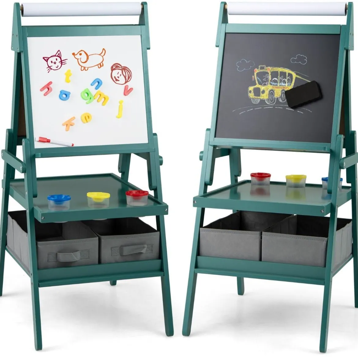 3 in 1 Kinder Tafel mit Papierrolle & Magnetischer Kreidetafel & Whiteboard Doppelseitige Kindertafel