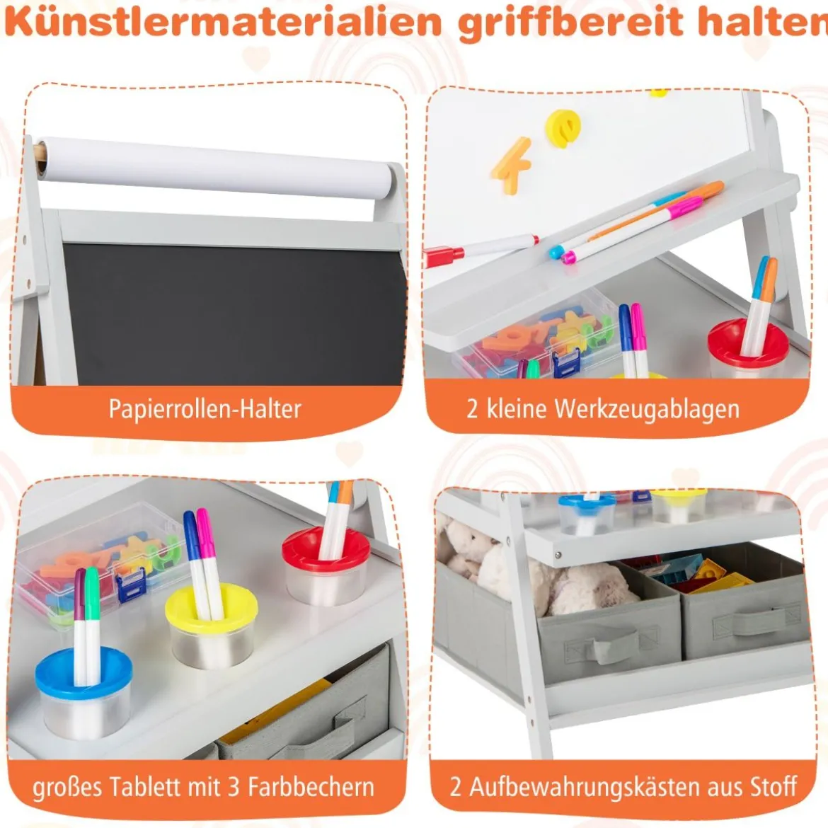 3 in 1 Kinder Tafel mit Papierrolle & Magnetischer Kreidetafel & Whiteboard Doppelseitige Kindertafel