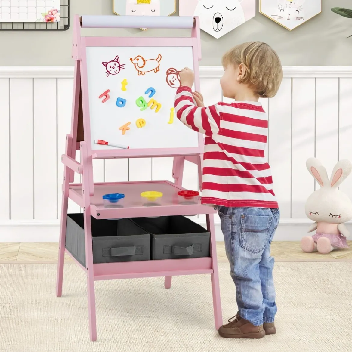 3 in 1 Kinder Tafel mit Papierrolle & Magnetischer Kreidetafel & Whiteboard Doppelseitige Kindertafel