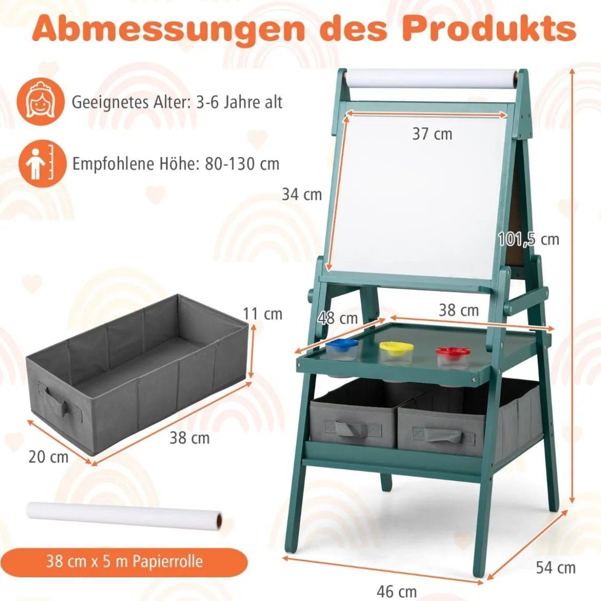 3 in 1 Kinder Tafel mit Papierrolle & Magnetischer Kreidetafel & Whiteboard Doppelseitige Kindertafel