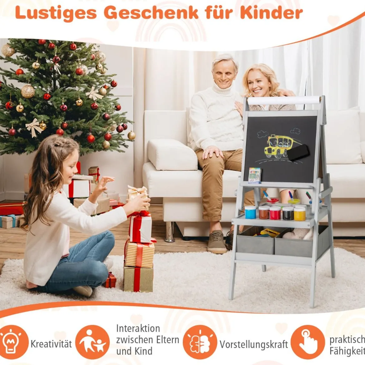 3 in 1 Kinder Tafel mit Papierrolle & Magnetischer Kreidetafel & Whiteboard Doppelseitige Kindertafel
