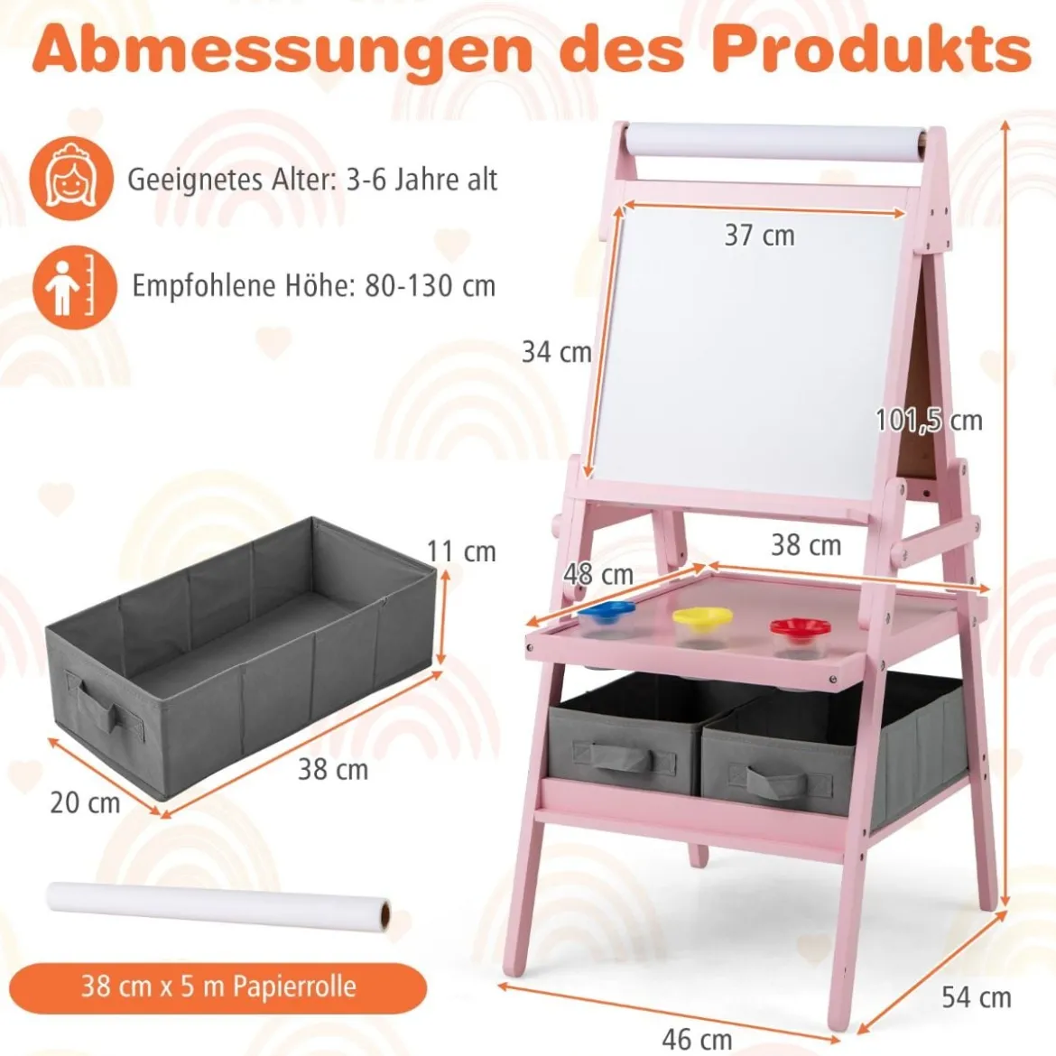 3 in 1 Kinder Tafel mit Papierrolle & Magnetischer Kreidetafel & Whiteboard Doppelseitige Kindertafel
