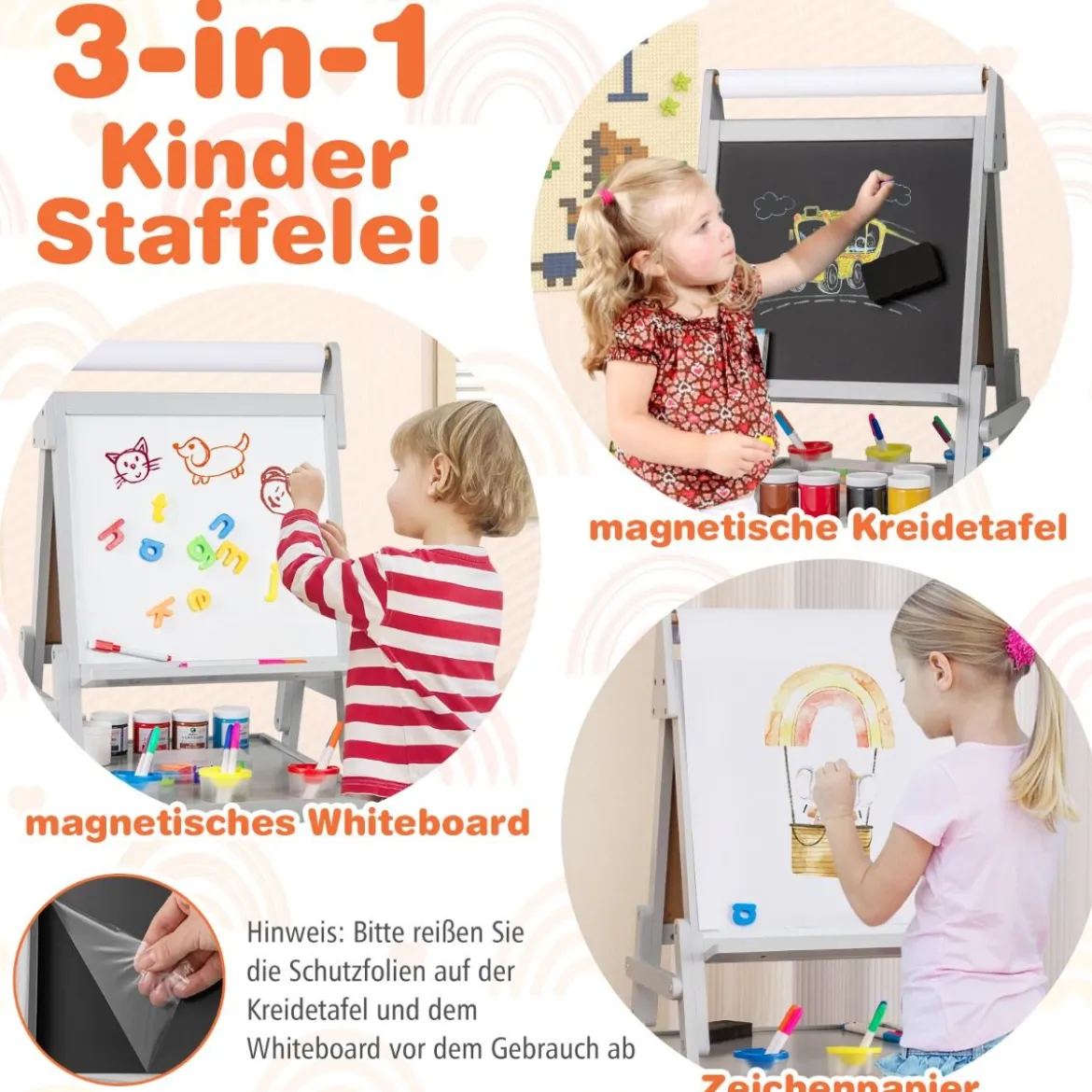 3 in 1 Kinder Tafel mit Papierrolle & Magnetischer Kreidetafel & Whiteboard Doppelseitige Kindertafel