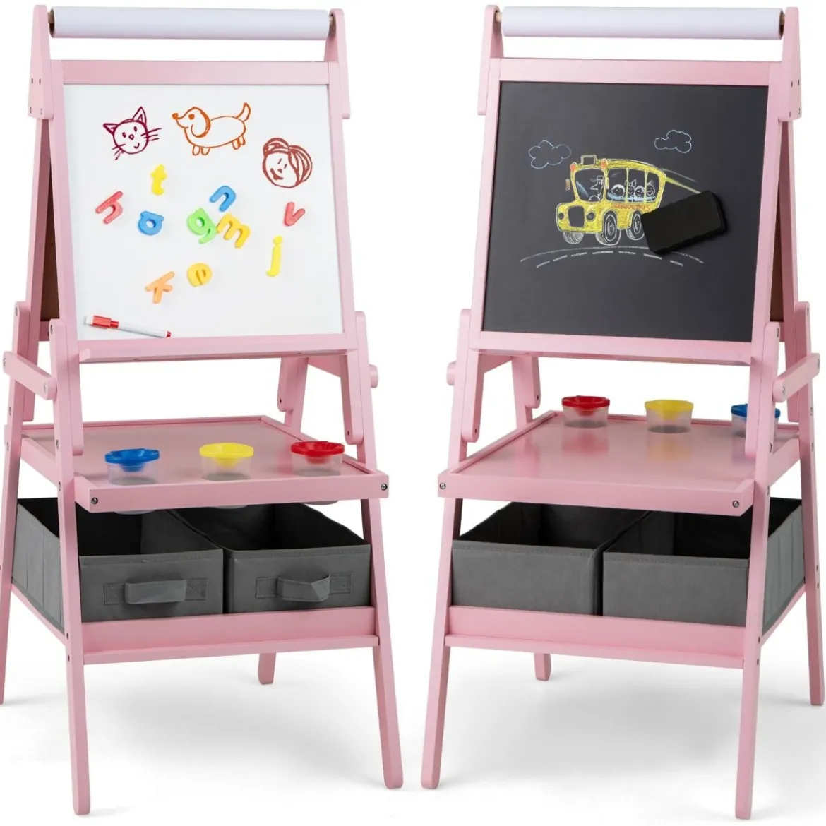 3 in 1 Kinder Tafel mit Papierrolle & Magnetischer Kreidetafel & Whiteboard Doppelseitige Kindertafel