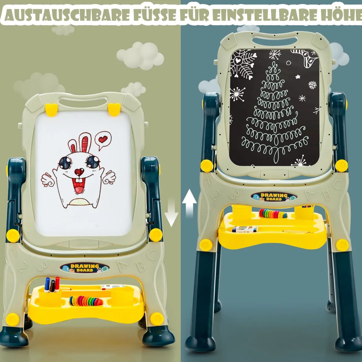 2 in 1 Kindertafel Staffelei doppelseitig Whiteboard & Kreidetafel höhenverstellbar Schreibtafel Grün