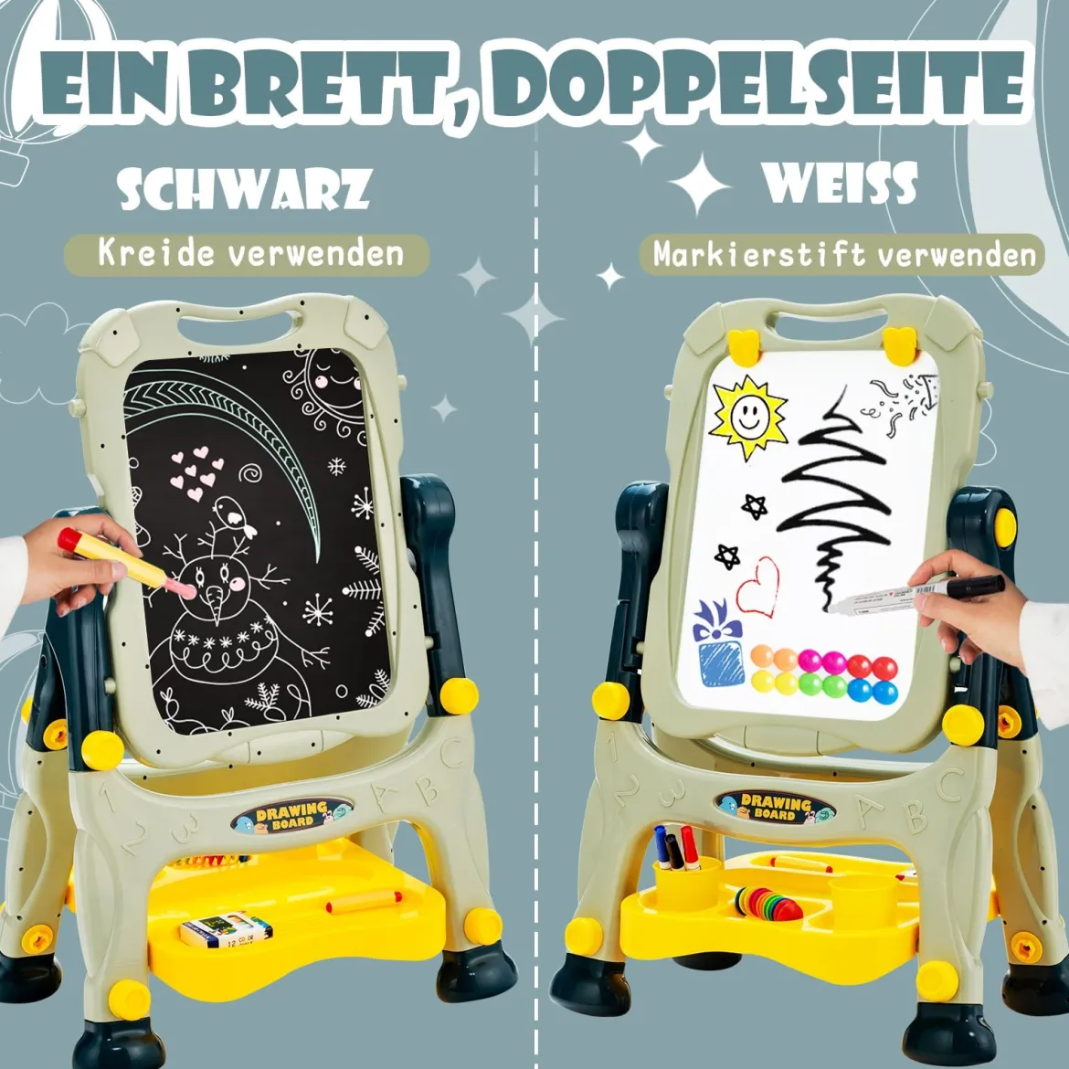 2 in 1 Kindertafel Staffelei doppelseitig Whiteboard & Kreidetafel höhenverstellbar Schreibtafel Grün