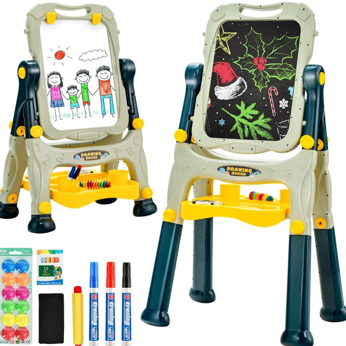 2 in 1 Kindertafel Staffelei doppelseitig Whiteboard & Kreidetafel höhenverstellbar Schreibtafel Grün