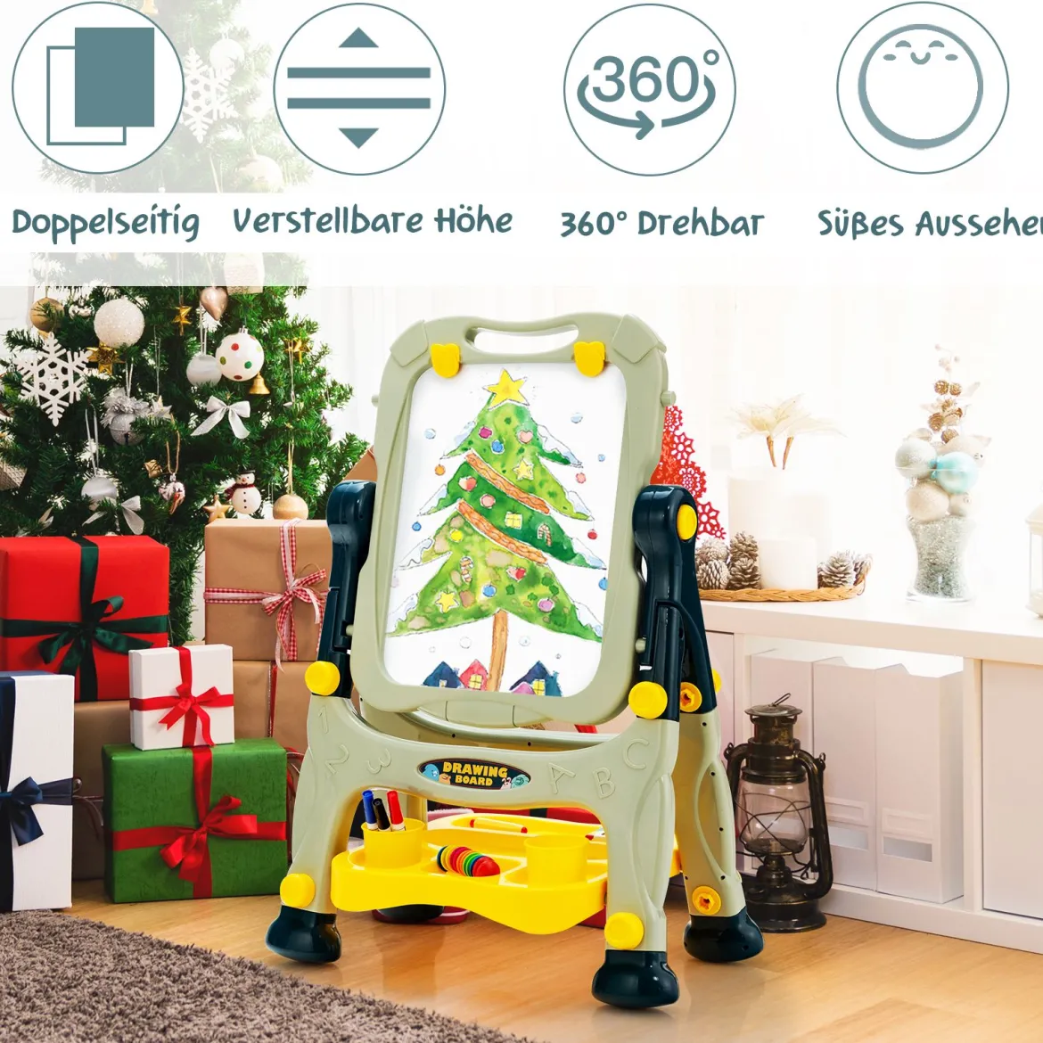 2 in 1 Kindertafel Staffelei doppelseitig Whiteboard & Kreidetafel höhenverstellbar Schreibtafel Grün