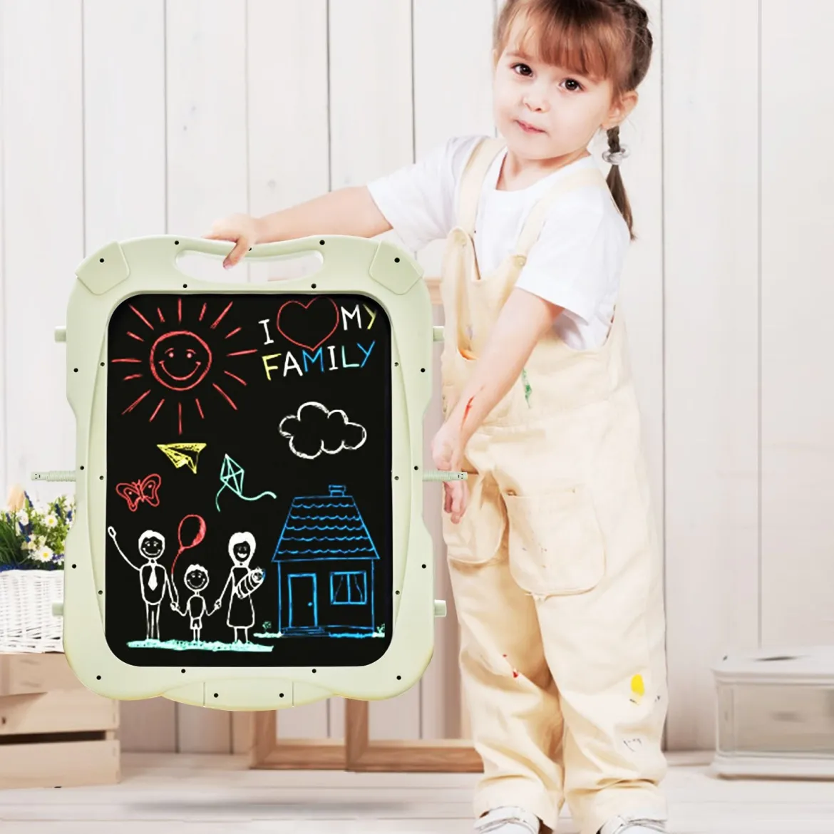 2 in 1 Kindertafel Staffelei doppelseitig Whiteboard & Kreidetafel höhenverstellbar Schreibtafel Grün