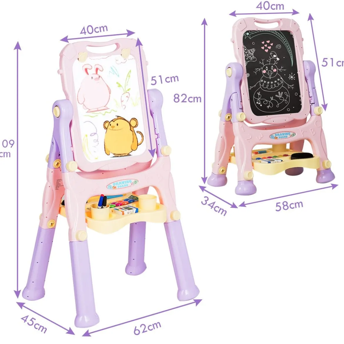 2 in 1 Kindertafel Staffelei doppelseitig Whiteboard & Kreidetafel Lila