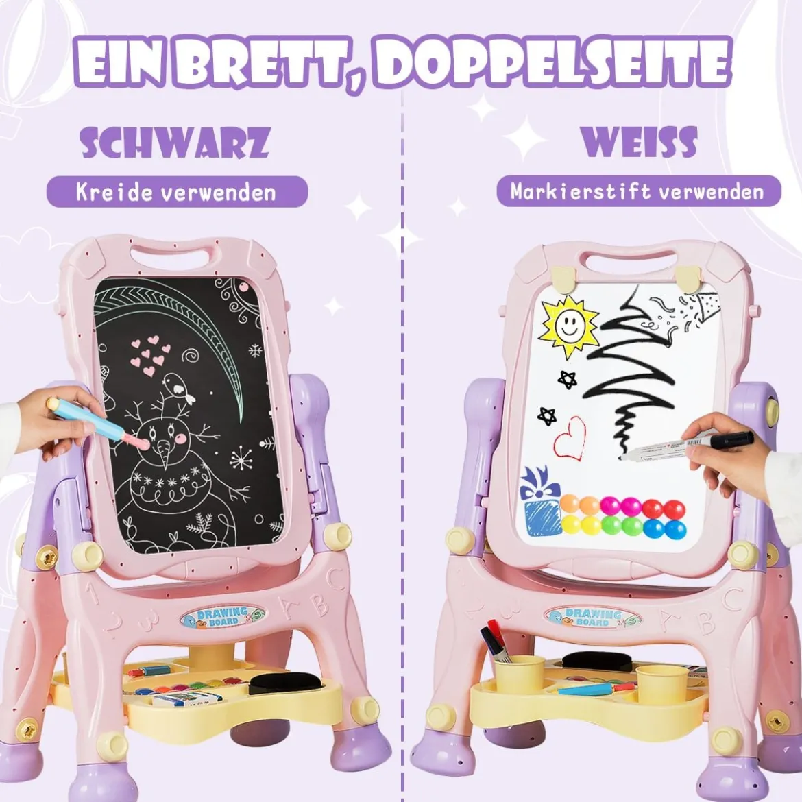 2 in 1 Kindertafel Staffelei doppelseitig Whiteboard & Kreidetafel Lila