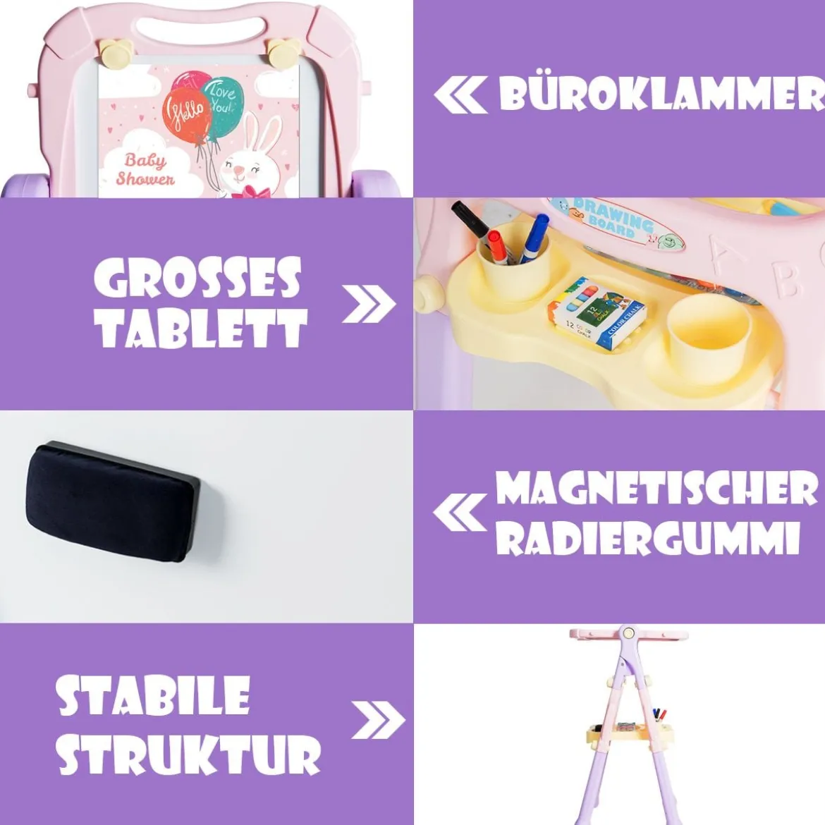 2 in 1 Kindertafel Staffelei doppelseitig Whiteboard & Kreidetafel Lila