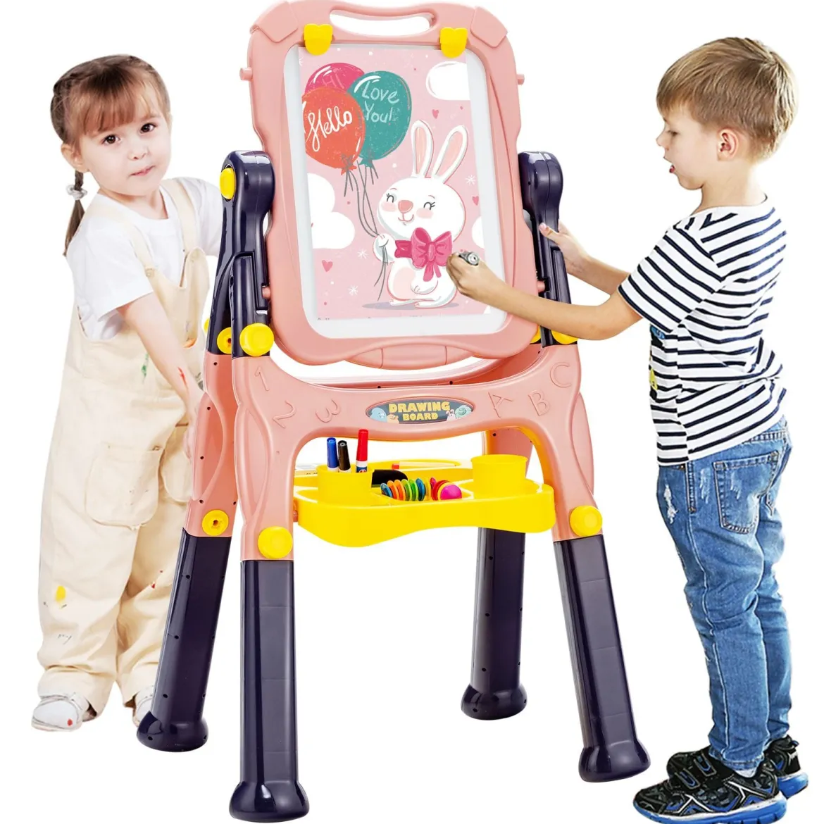 2 in 1 Kindertafel Staffelei doppelseitig Whiteboard & Kreidetafel höhenverstellbar Schreibtafel Rosa
