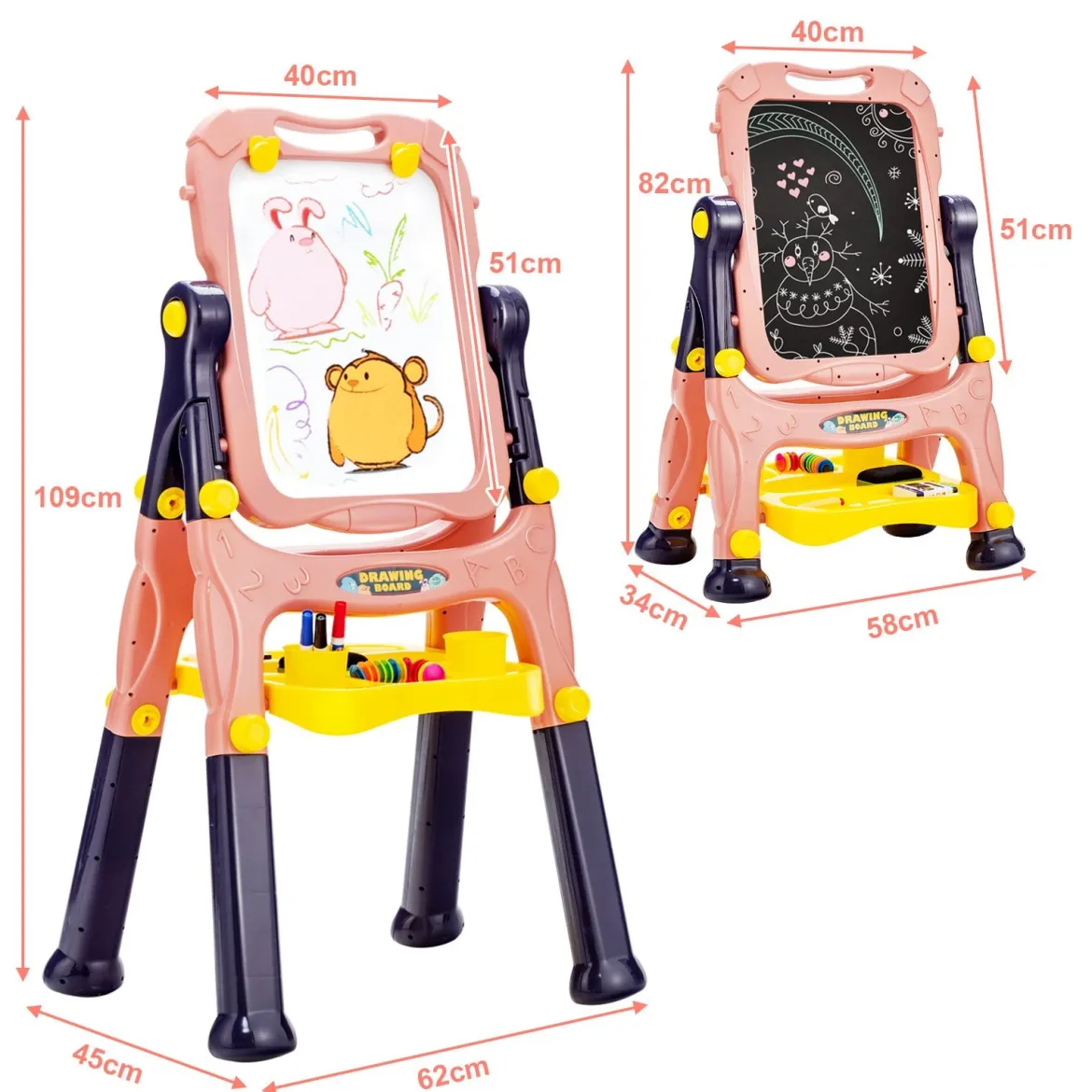 2 in 1 Kindertafel Staffelei doppelseitig Whiteboard & Kreidetafel höhenverstellbar Schreibtafel Rosa