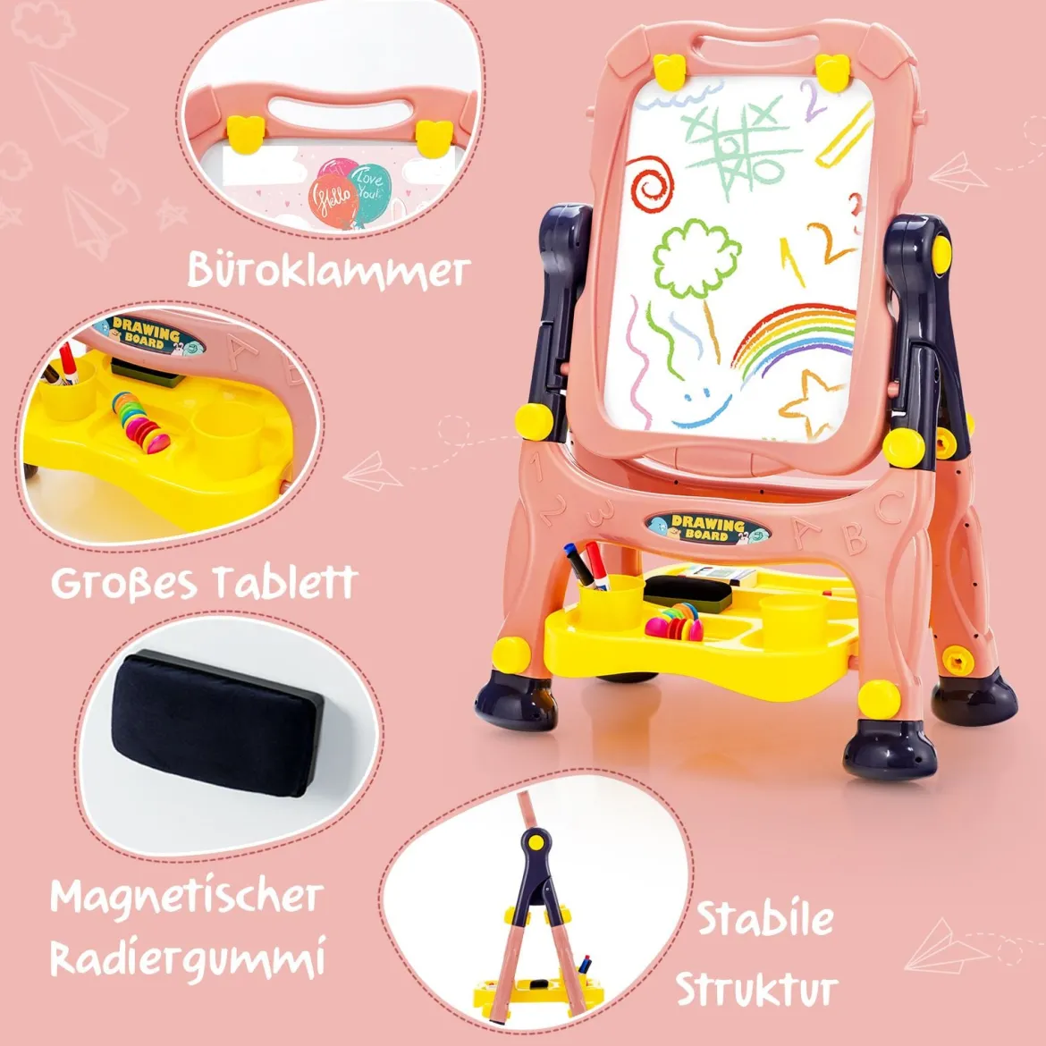 2 in 1 Kindertafel Staffelei doppelseitig Whiteboard & Kreidetafel höhenverstellbar Schreibtafel Rosa