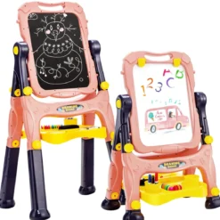 2 in 1 Kindertafel Staffelei doppelseitig Whiteboard & Kreidetafel höhenverstellbar Schreibtafel Rosa