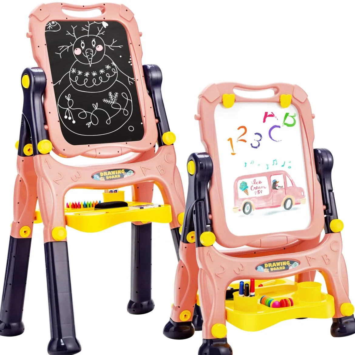 2 in 1 Kindertafel Staffelei doppelseitig Whiteboard & Kreidetafel höhenverstellbar Schreibtafel Rosa