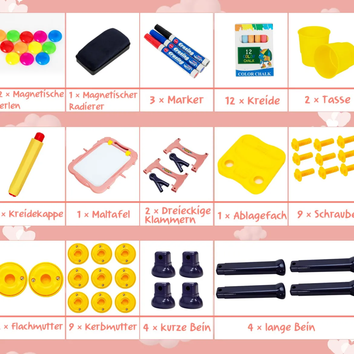 2 in 1 Kindertafel Staffelei doppelseitig Whiteboard & Kreidetafel höhenverstellbar Schreibtafel Rosa
