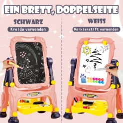 2 in 1 Kindertafel Staffelei doppelseitig Whiteboard & Kreidetafel höhenverstellbar Schreibtafel Rosa