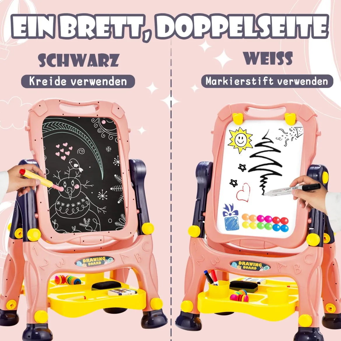 2 in 1 Kindertafel Staffelei doppelseitig Whiteboard & Kreidetafel höhenverstellbar Schreibtafel Rosa