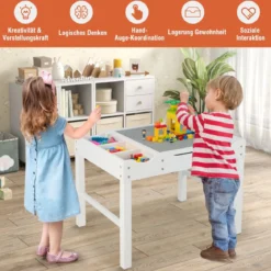 2 in 1 Kindertisch aus Kiefernholz mit Umkehrbarer Tischplatte & Stauraum & Papierrolle Weiß