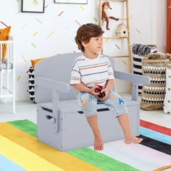 3 in 1 Kindertisch mit Sitzbank Kindersitzgruppe aus Holz mit Stauraum & Decke 60 x 34 x 57cm Grau