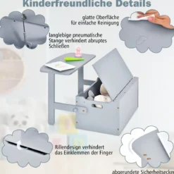 3 in 1 Kindertisch mit Sitzbank Kindersitzgruppe aus Holz mit Stauraum & Decke 60 x 34 x 57cm Grau