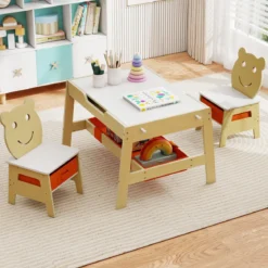 5 in 1 Kindertisch mit 2 Stühlen in Bärenform Maltisch mit Wendbarer Tafel & Whiteboard Natur