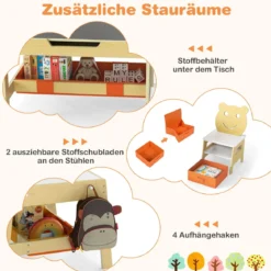 5 in 1 Kindertisch mit 2 Stühlen in Bärenform Maltisch mit Wendbarer Tafel & Whiteboard Natur
