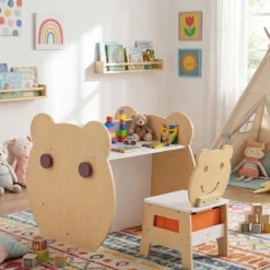 3 in 1 Kindertisch mit Stuhl Aktivitätsset mit Wendbarer Kreidetafel und Whiteboard Natur + Weiß