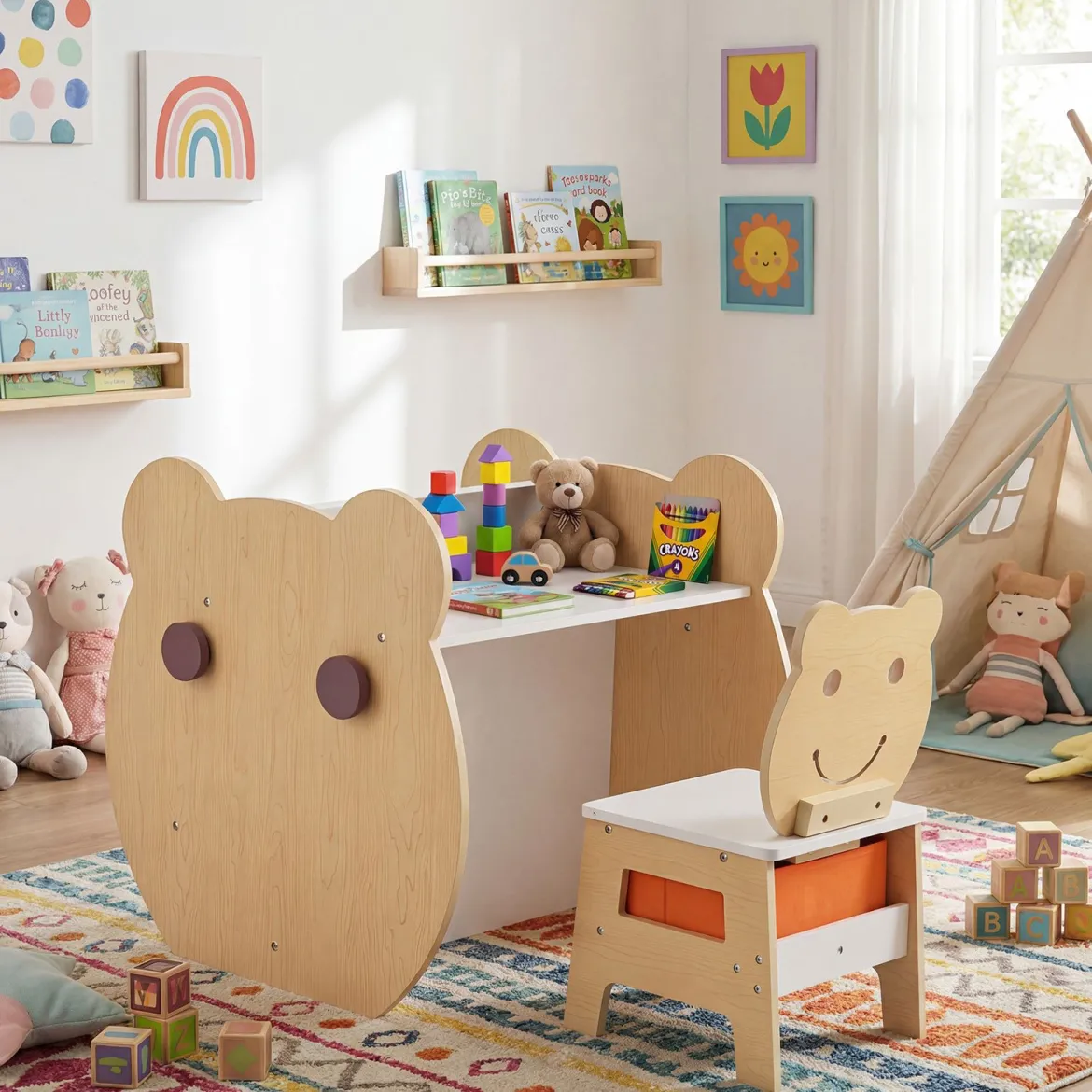 3 in 1 Kindertisch mit Stuhl Aktivitätsset mit Wendbarer Kreidetafel und Whiteboard Natur + Weiß