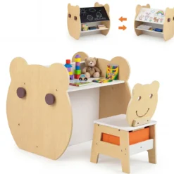 3 in 1 Kindertisch mit Stuhl Aktivitätsset mit Wendbarer Kreidetafel und Whiteboard Natur + Weiß