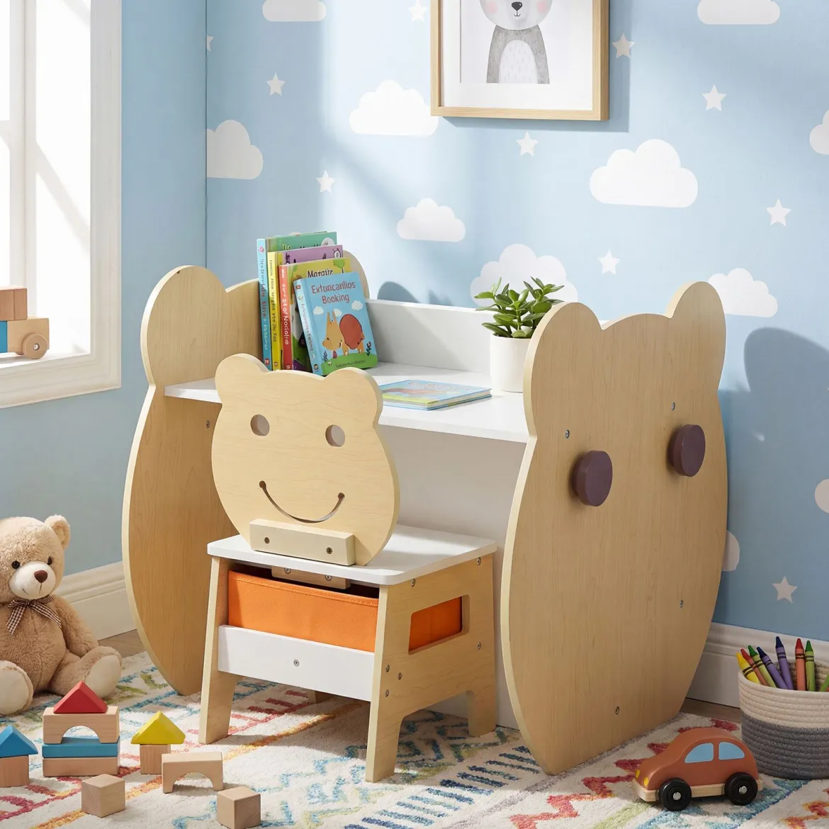 3 in 1 Kindertisch mit Stuhl Aktivitätsset mit Wendbarer Kreidetafel und Whiteboard Natur + Weiß