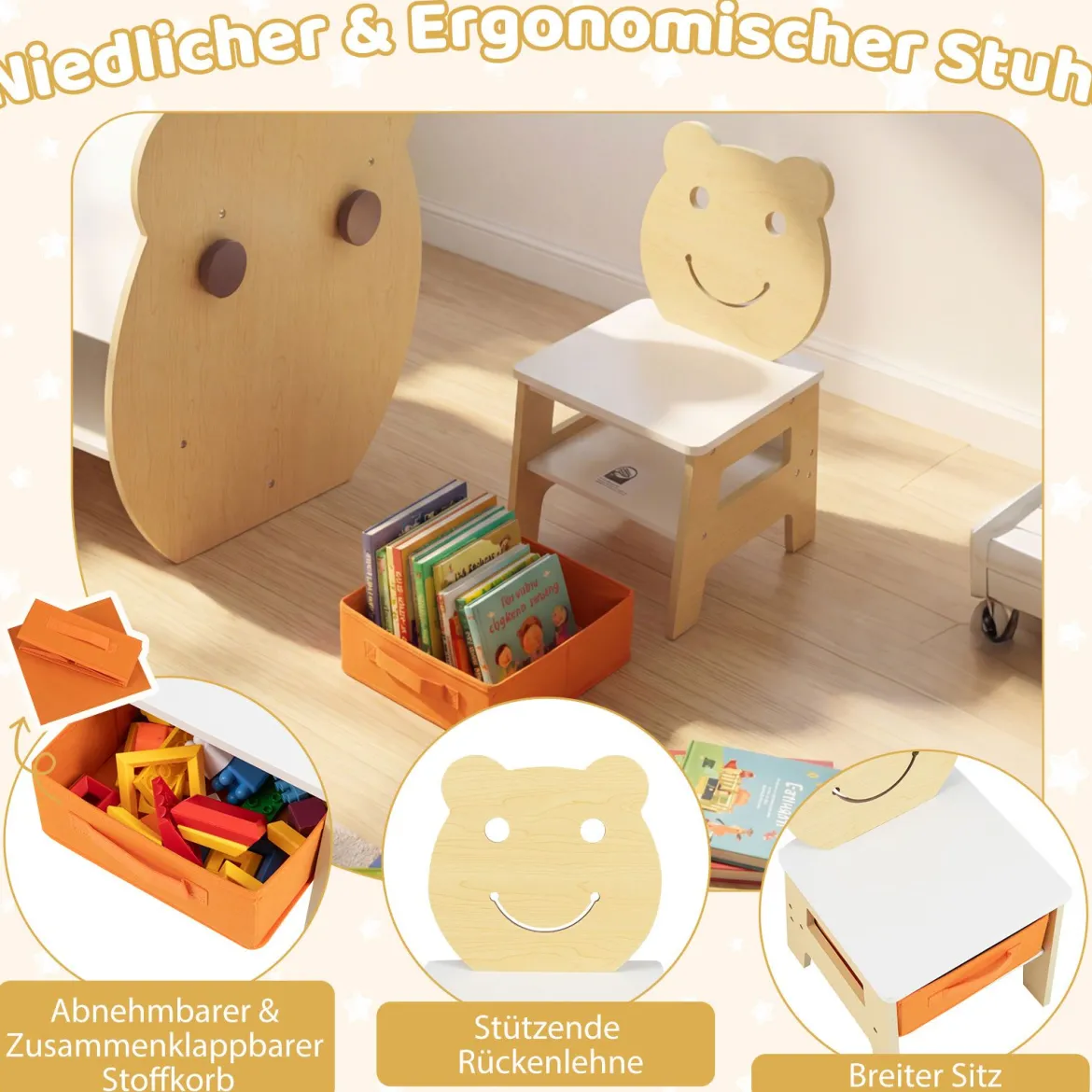 3 in 1 Kindertisch mit Stuhl Aktivitätsset mit Wendbarer Kreidetafel und Whiteboard Natur + Weiß