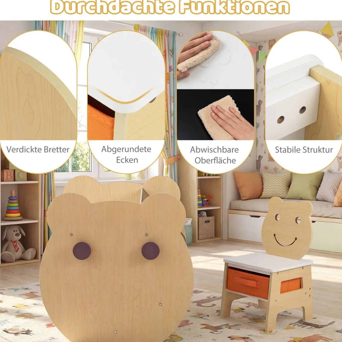 3 in 1 Kindertisch mit Stuhl Aktivitätsset mit Wendbarer Kreidetafel und Whiteboard Natur + Weiß