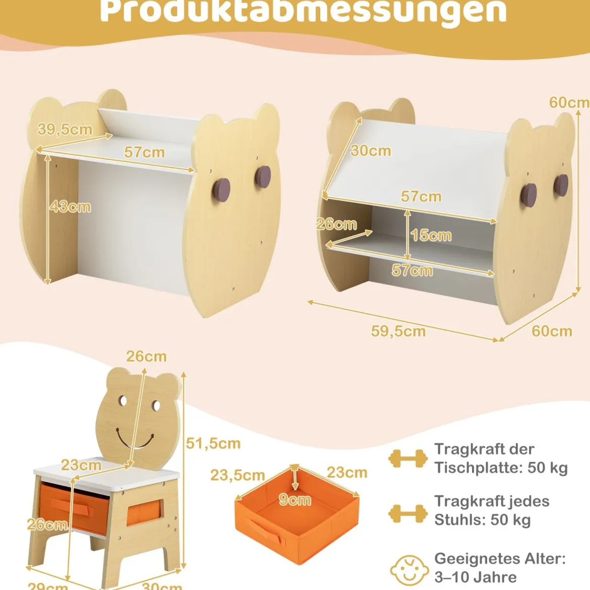 3 in 1 Kindertisch mit Stuhl Aktivitätsset mit Wendbarer Kreidetafel und Whiteboard Natur + Weiß