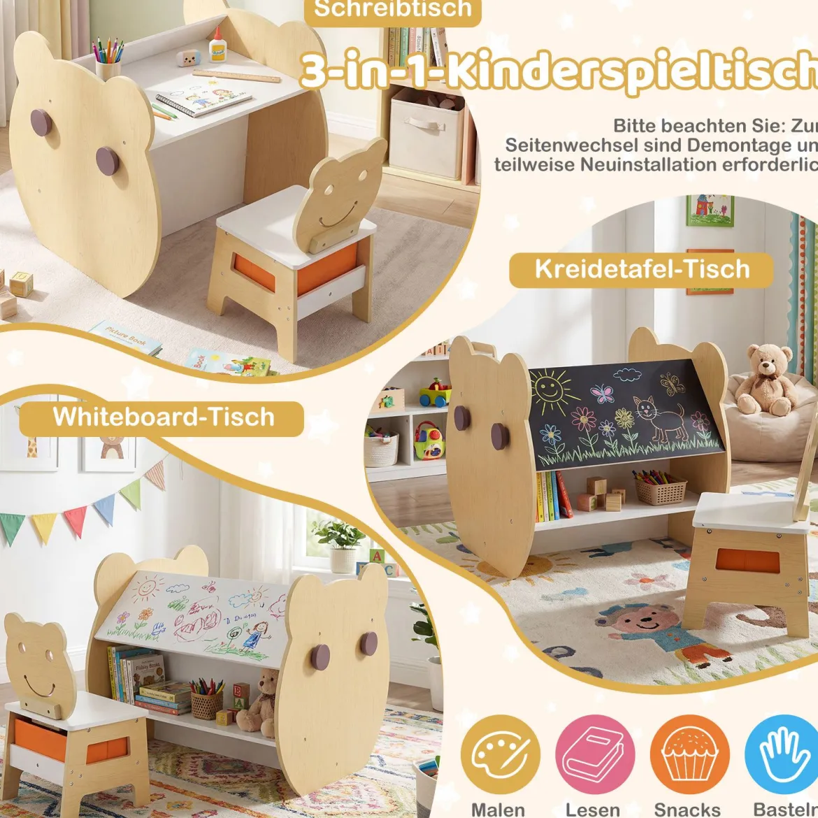 3 in 1 Kindertisch mit Stuhl Aktivitätsset mit Wendbarer Kreidetafel und Whiteboard Natur + Weiß