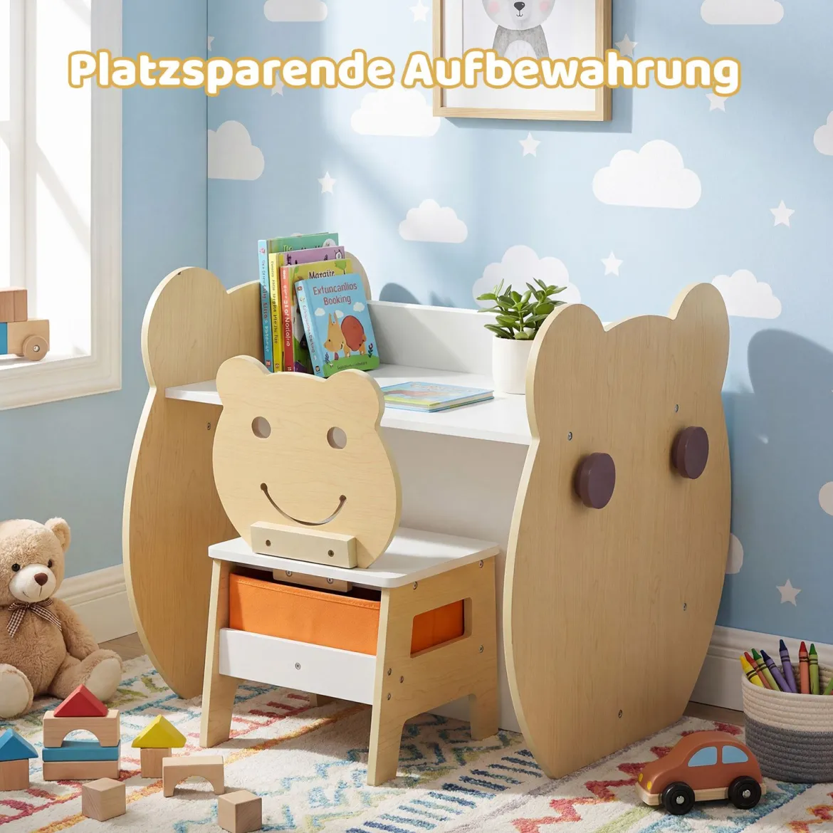 3 in 1 Kindertisch mit Stuhl Aktivitätsset mit Wendbarer Kreidetafel und Whiteboard Natur + Weiß