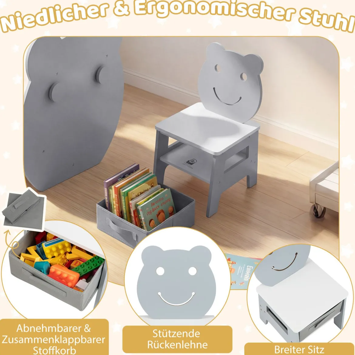 3 in 1 Kindertisch mit Stuhl Aktivitätsset mit Wendbarer Kreidetafel und Whiteboard Grau + Weiß