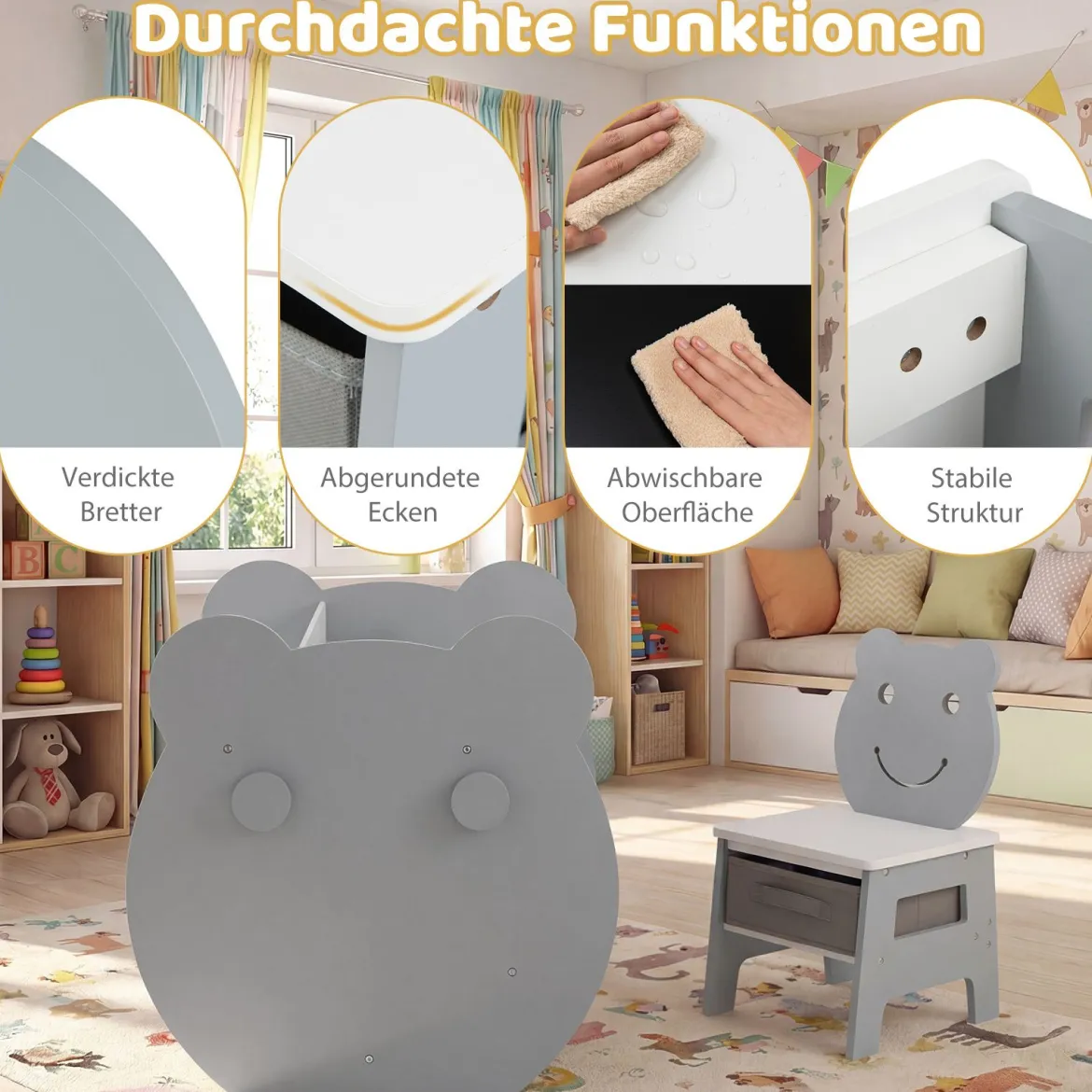 3 in 1 Kindertisch mit Stuhl Aktivitätsset mit Wendbarer Kreidetafel und Whiteboard Grau + Weiß