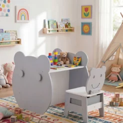3 in 1 Kindertisch mit Stuhl Aktivitätsset mit Wendbarer Kreidetafel und Whiteboard Grau + Weiß