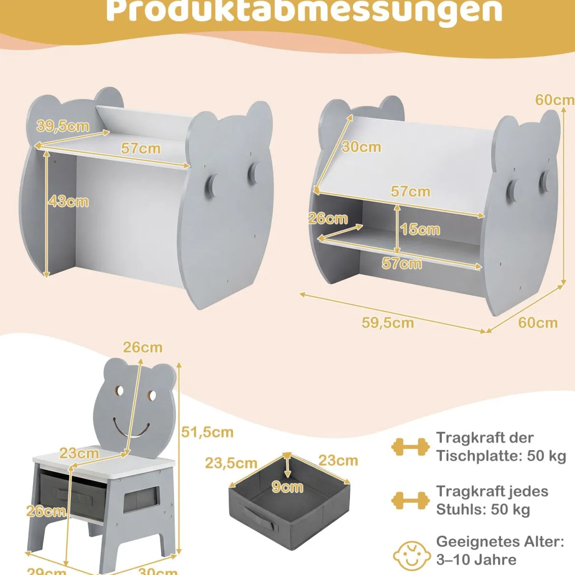 3 in 1 Kindertisch mit Stuhl Aktivitätsset mit Wendbarer Kreidetafel und Whiteboard Grau + Weiß