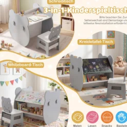3 in 1 Kindertisch mit Stuhl Aktivitätsset mit Wendbarer Kreidetafel und Whiteboard Grau + Weiß
