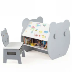 3 in 1 Kindertisch mit Stuhl Aktivitätsset mit Wendbarer Kreidetafel und Whiteboard Grau + Weiß
