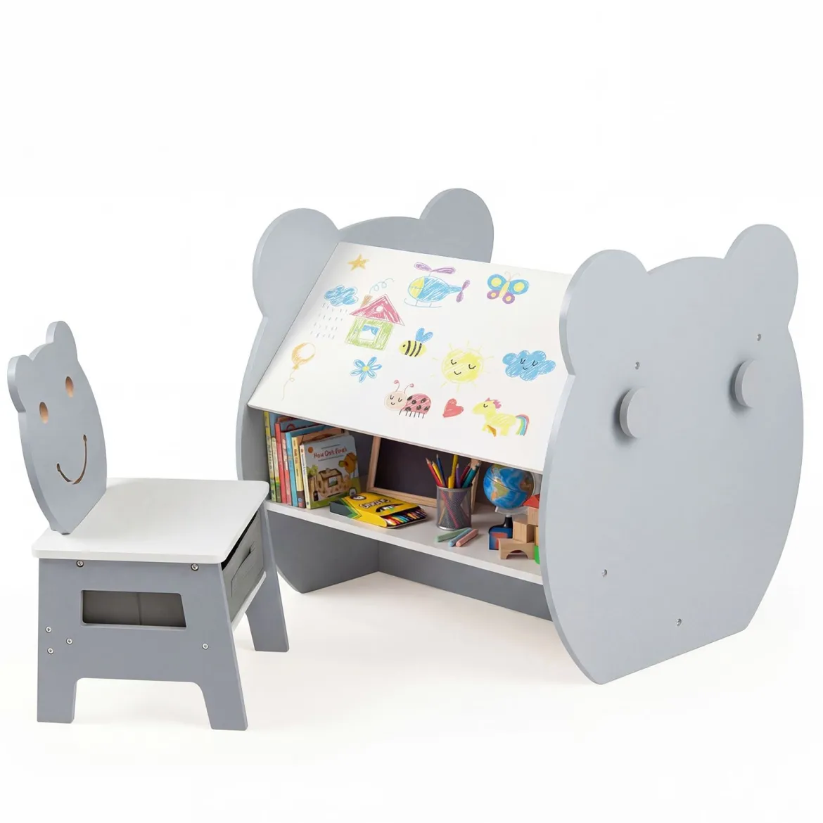 3 in 1 Kindertisch mit Stuhl Aktivitätsset mit Wendbarer Kreidetafel und Whiteboard Grau + Weiß