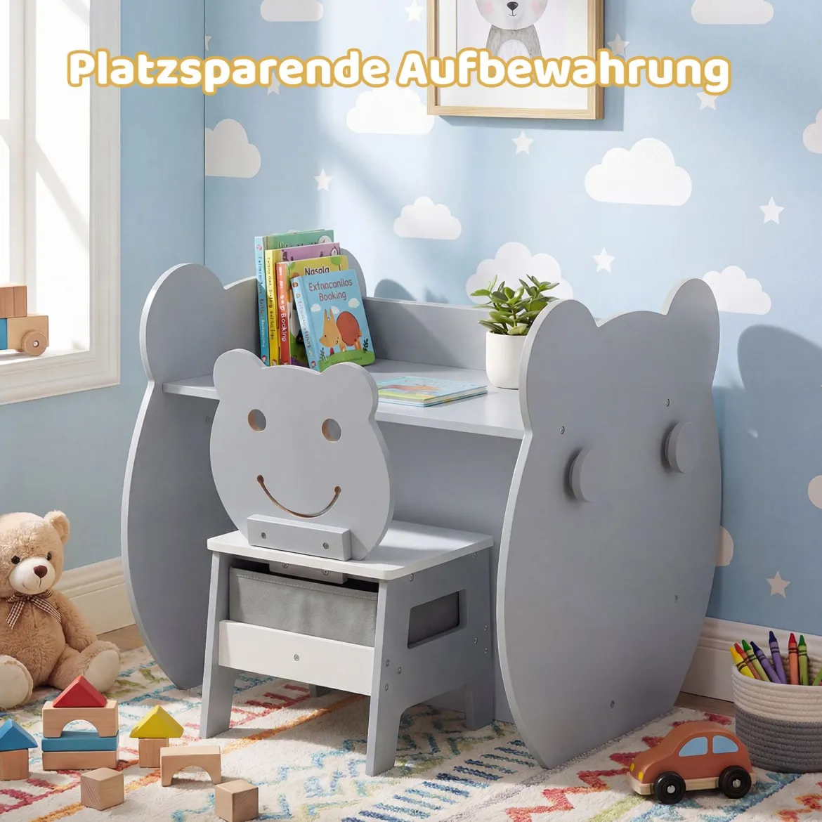3 in 1 Kindertisch mit Stuhl Aktivitätsset mit Wendbarer Kreidetafel und Whiteboard Grau + Weiß