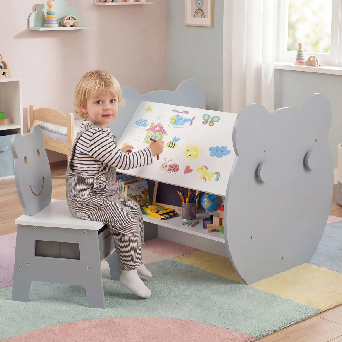 3 in 1 Kindertisch mit Stuhl Aktivitätsset mit Wendbarer Kreidetafel und Whiteboard Grau + Weiß