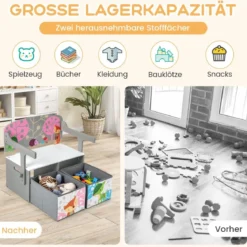 3 in 1 Kinder Tisch & Stuhl-Set mit 2 Abnehmbaren Stoffkörben zum Malen & Spielen & Lernen Grau