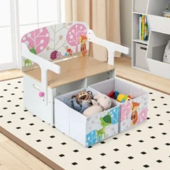 3 in 1 Kinder Tisch & Stuhl-Set mit 2 Abnehmbaren Stoffkörben zum Malen & Spielen & Lernen Weiß